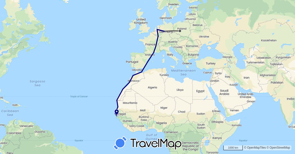 TravelMap itinerary: driving, motorbike in Germany, France, Gambia, Luxembourg, Morocco, Mauritania, Netherlands, Poland, Senegal (Africa, Europe)